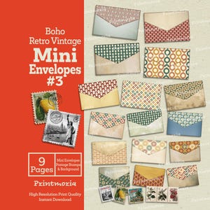 Kit di effimeri per diario spazzatura #3 Boho Retro Mini Envelopes: piccole buste con motivi geometrici retrò anni '70 (download digitale istantaneo)