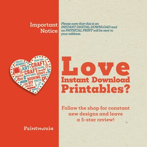 May include: An advertisement for instant download printables. The image features a heart-shaped graphic with craft-related words and icons, alongside the text "Love Instant Download Printables?" and shop information. The background is a mix of orange and beige.