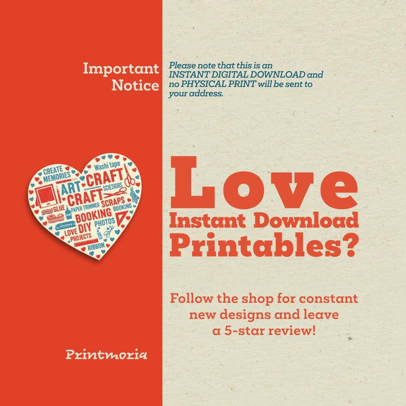 May include: An advertisement for instant download printables. The image features a heart-shaped graphic with craft-related words and icons, alongside the text "Love Instant Download Printables?" and shop information. The background is a mix of orange and beige.