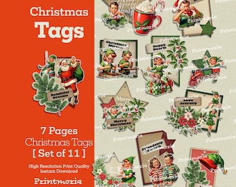 Vintage Christmas Tags: Retro Holiday Junk Journal Kit, Christmas Clusters Printable Ornament, Gift Cards (Digital Download, PDF File)