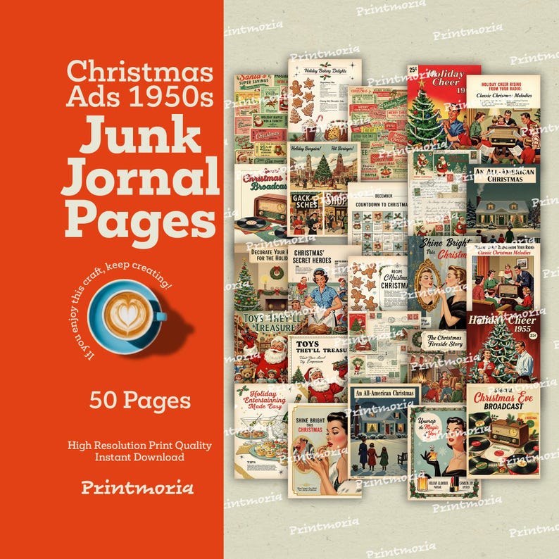 Pagine per junk journal dedicate alle pubblicità natalizie degli anni '50: kit natalizio retrò stampabile di 50 pagine (download digitale immediato) immagine 3