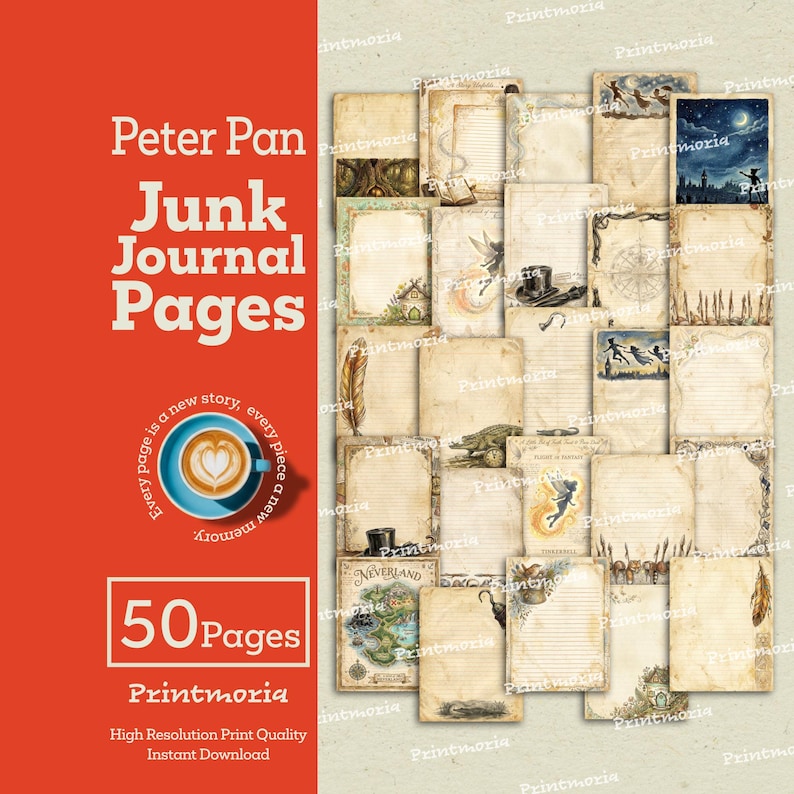 May include: A collection of 50 vintage-style Peter Pan junk journal pages. The pages feature illustrations of Neverland, feathers, and other themed elements. The text "Peter Pan Junk Journal Pages" is displayed on a red background.