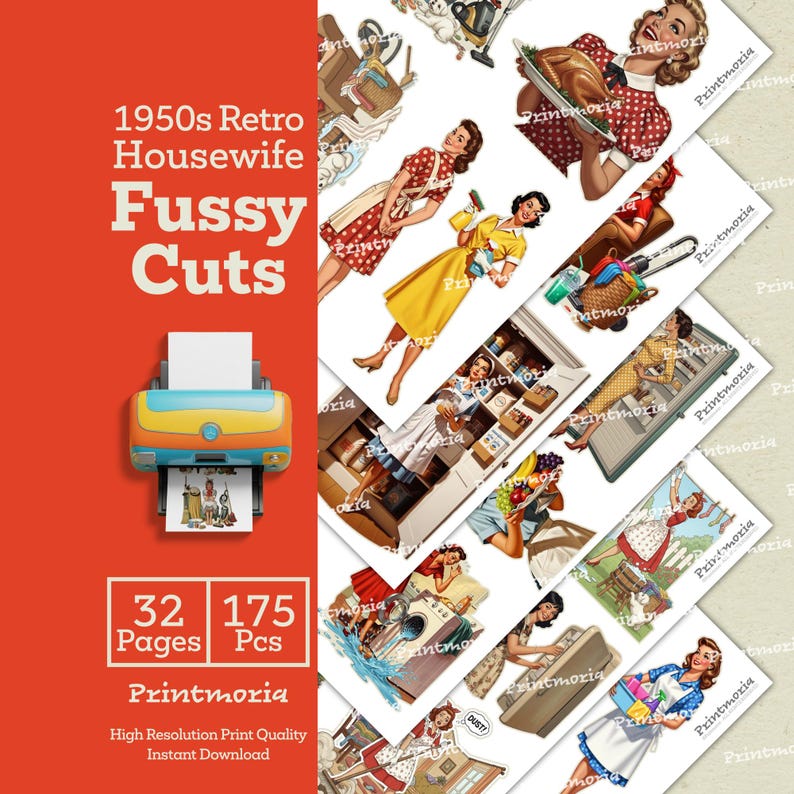 1950-talets retro hemmafru-kräsna klipp: Utskrivbara vintagekvinna-ephemera, skräpjournal-kit från mitten av århundradet, retro hushållsarbete (digital direktnedladdning) bild 3