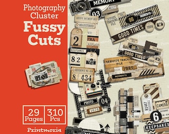 Fotografikluster med fussy cuts, retrokamera-ephemera för skräpjournaler, scrapbooking-kit för retrofilmremsa (digital direktnedladdning)