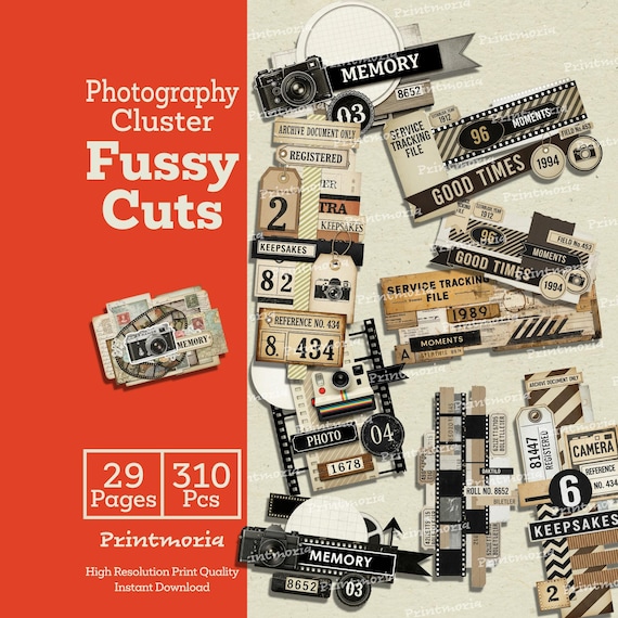 Photography Cluster Fussy Cuts, Retro Camera Ephemera for Junk Journals, Retro Film Strip Scrapbooking Kit (Digital Instant Download)