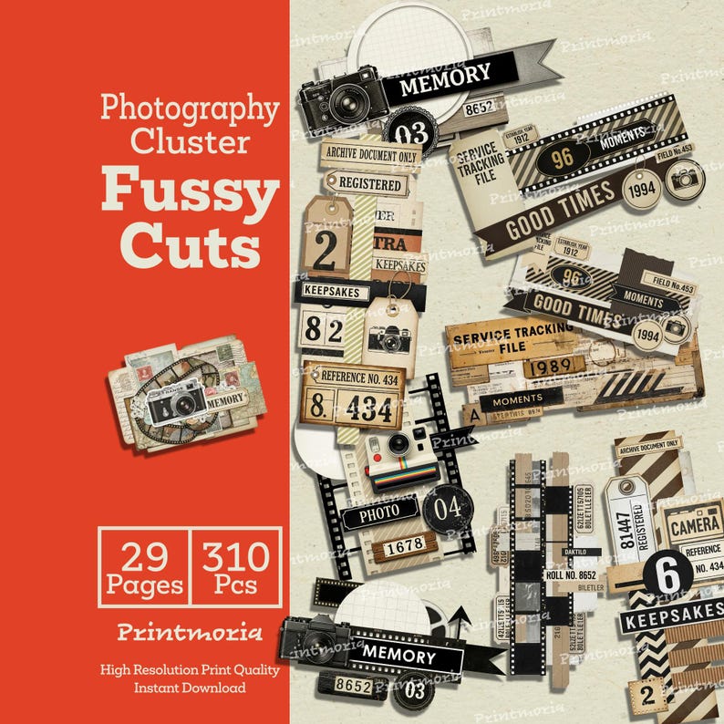 Photography Cluster Fussy Cuts, Retro Camera Ephemera for Junk Journals, Retro Film Strip Scrapbooking Kit (Digital Instant Download) image 1