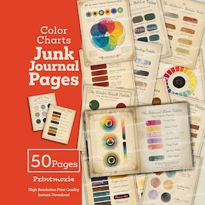 Pagine di diario con tabelle dei colori: 50 pagine di effimeri vintage e astratti, materiale per scrapbooking con teoria dei colori stampabile (download digitale istantaneo)