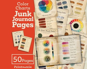 Color Charts Junk Journal Pages: 50 Vintage & Abstract Ephemera Pages, Printable Color Theory Scrapbooking Supply (Digital Instant Download)