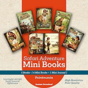 May include: A collection of vintage-style mini books and a journal with safari adventure themes. The covers feature illustrations of people, animals, and landscapes. The title "Safari Adventure Mini Books" is displayed prominently.