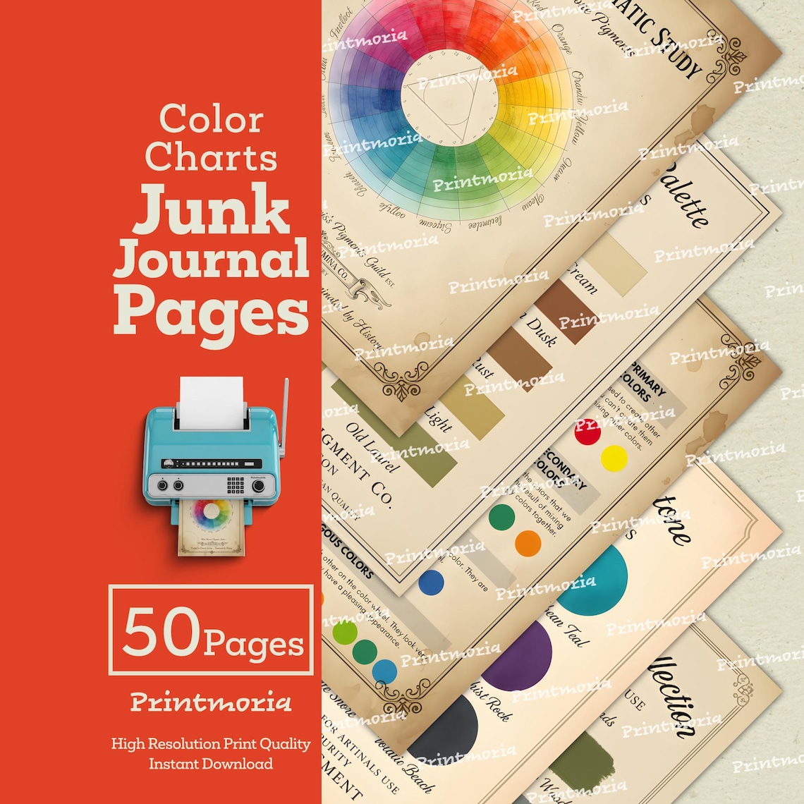 Color Background Journal Color Charts Junk Journal Pages: 50 Vintage & Abstract Ephemera Pages ...
