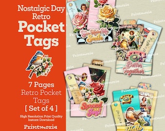 Retro Pocket Tags: Vintage Printable Scrapbooking - Retro Junk Journal Kit (Digital Instant Download, PDF File)