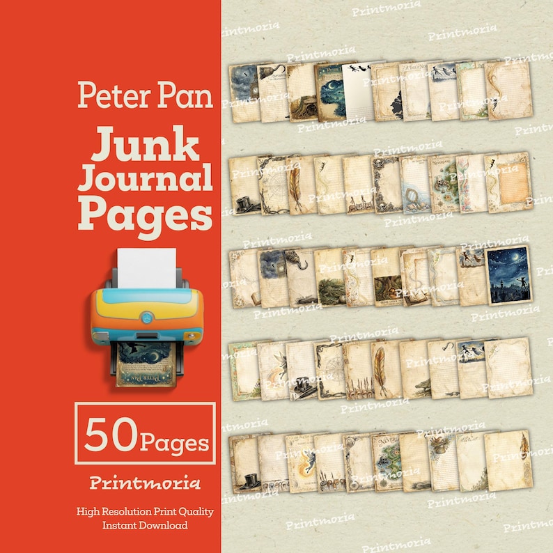 May include: A collection of vintage-style Peter Pan junk journal pages. The image shows a printer with a printed page and a stack of 50 pages with illustrations and aged paper textures. The text on the image says "Peter Pan Junk Journal Pages."