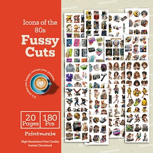 May include: A collection of 80s-themed fussy cuts, featuring icons like arcade games, cassette tapes, and fashion. The image includes the text "Icons of the 80s Fussy Cuts" and details about the product: 20 pages and 180 pieces.
