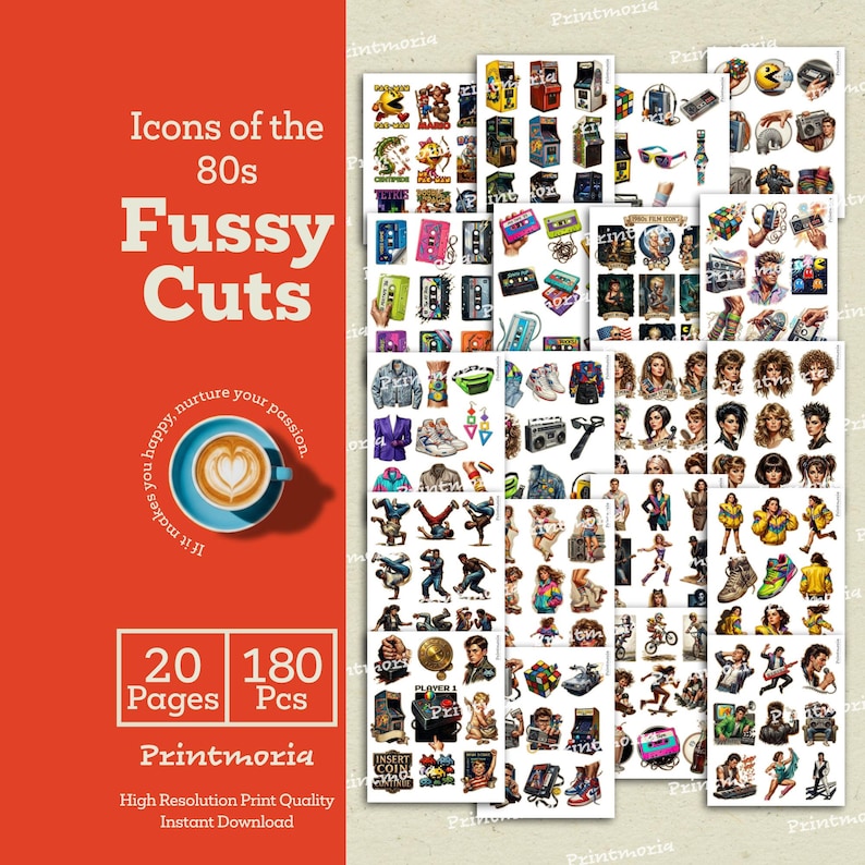 May include: A collection of 80s-themed fussy cuts, featuring icons like arcade games, cassette tapes, and fashion. The image includes the text "Icons of the 80s Fussy Cuts" and details about the product: 20 pages and 180 pieces.