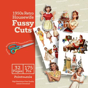 1950-talets retro hemmafru-kräsna klipp: Utskrivbara vintagekvinna-ephemera, skräpjournal-kit från mitten av århundradet, retro hushållsarbete (digital direktnedladdning) bild 4