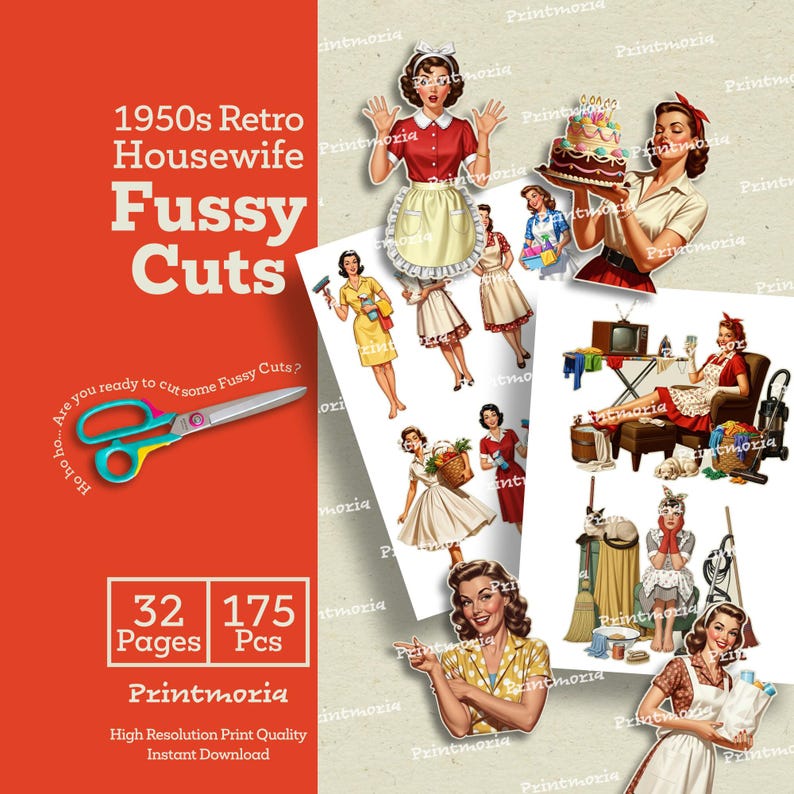 1950-talets retro hemmafru-kräsna klipp: Utskrivbara vintagekvinna-ephemera, skräpjournal-kit från mitten av århundradet, retro hushållsarbete (digital direktnedladdning) bild 4