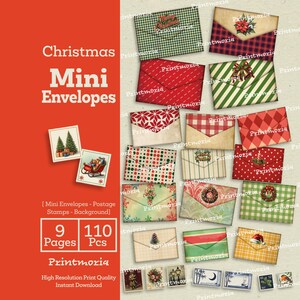 Envelopes Mini Retrô de Natal para Imprimir: Kit de Enfeites para Diário de Arte, Envelopes Pequenos com Estampas Vintage (Download Digital Instantâneo)