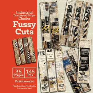 Pode incluir: Uma coleção de efêmeros de papel em estilo vintage, incluindo tiras de filme, documentos e etiquetas. O design apresenta uma estética desgastada com texto como "Industrial Document Stripe Cluster" e "Fussy Cuts". A paleta de cores inclui bege, castanho e preto.
