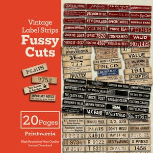 May include: A collage of vintage label strips with text like "Paris", "Tea Room & Garden", and "Registered". The design features a variety of fonts and styles, with a distressed, aged appearance. The words "Vintage Label Strips Fussy Cuts" are also visible.