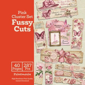 Può includere: Un set rosa di ritagli meticolosi con disegni in stile vintage. Il set include immagini di farfalle, cappelli, rose ed elementi legati alla moda. Il testo sull'immagine recita "Pink Cluster Set Fussy Cuts", "40 Pages 287 Pcs" e "Printmoria".