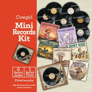 May include: A Cowgirl Mini Records Kit featuring six square record jackets with western-themed illustrations, six black vinyl records, and one miniature record player. The text includes Cowgirl Mini Records Kit, Rodeo Sweetheart, Prairie Flowers, Sunset Roundup, Cowgirl & Daisies EP, Pony Ride Sunny Trails, and Heartland Ballads.