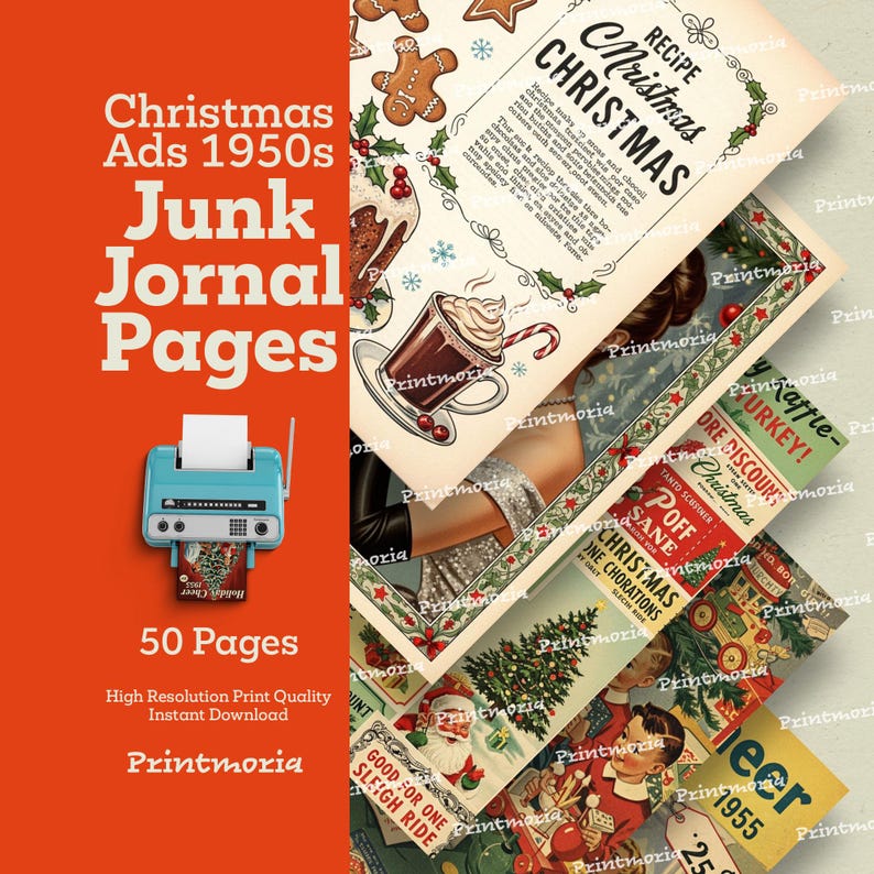 Pagine per junk journal dedicate alle pubblicità natalizie degli anni '50: kit natalizio retrò stampabile di 50 pagine (download digitale immediato) immagine 5