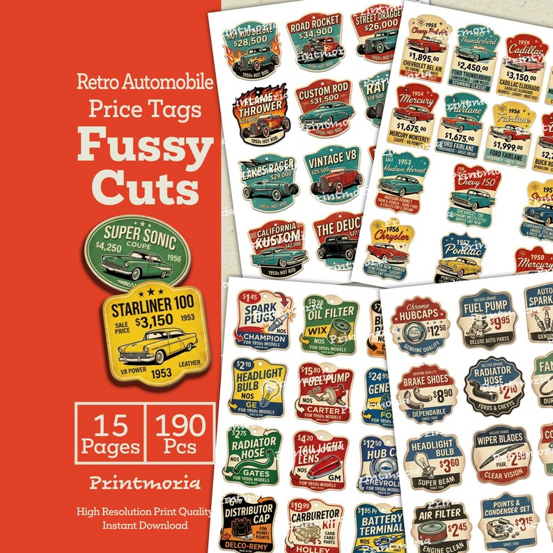 Vintage Automobile Price Tags Fussy Cuts: Retro Car Junk Journal ...