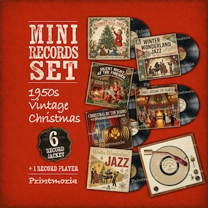以下が含まれることがあります： 1950年代のヴィンテージクリスマスミニレコードセット。ホリデーをテーマにした6枚のイラスト入りレコードジャケット、6枚の黒いビニールレコード、1台のミニチュアレコードプレーヤーが含まれています。テキストには「Mini Records Set 1950s Vintage Christmas 6 Record Jacket」と書かれています。