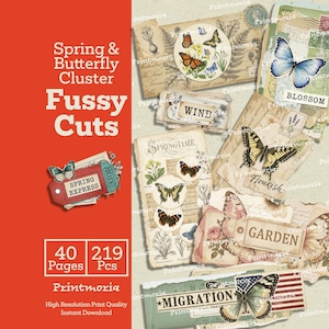 Peut inclure: Un ensemble d'éphémères en papier de style vintage avec des papillons, des fleurs et des illustrations botaniques. Les créations comprennent des étiquettes, des vignettes et des pages de journal avec des textes tels que "Springtime", "Wind" et "Migration". La palette de couleurs est douce, avec des tons beiges, verts et bruns.