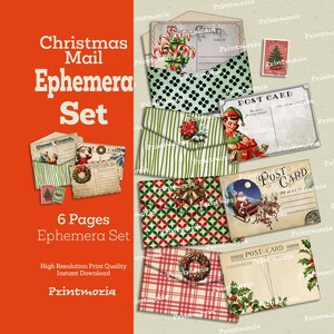 Set de efímeras navideñas: Kit de diario vintage navideño / Postales y sobres imprimibles