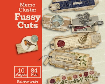 Utskrivbara vintage-memo-kluster med fussy cuts: dekorationsmaterial, utskrivbart scrapbooking-kit (digital direktnedladdning)