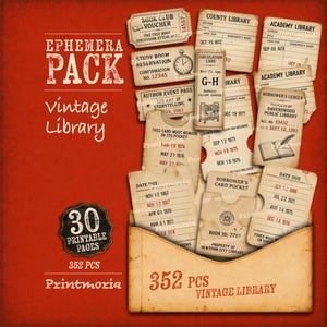 Op de afbeelding: Een verzameling vintage bibliotheek-ephemera met 352 stuks, waaronder boekenclubvouchers, bibliotheekkaarten en leenpockets. De items zijn gedrukt op verouderd papier met rode tekstaccenten en worden getoond tegen een rode achtergrond.