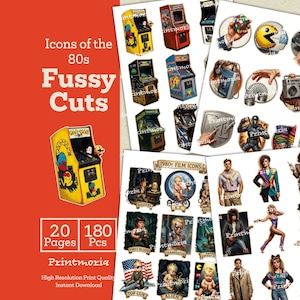 May include: A collection of 1980s-themed fussy cuts, including arcade game machines, film icons, and other nostalgic images. The set includes 20 pages with 180 pieces. The text on the image says "Icons of the 80s Fussy Cuts".