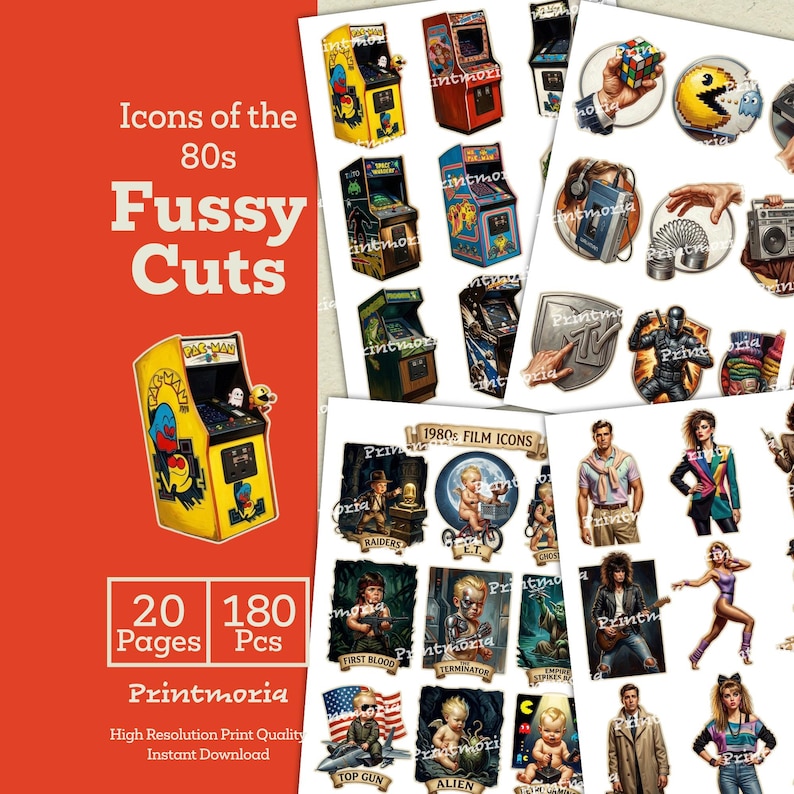 May include: A collection of 1980s-themed fussy cuts, including arcade game machines, film icons, and other nostalgic images. The set includes 20 pages with 180 pieces. The text on the image says "Icons of the 80s Fussy Cuts".