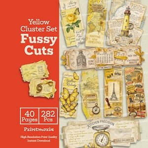 Könnte beinhalten: Eine Sammlung von Papier-Ephemera im Vintage-Stil mit gelbem Farbschema. Das Set enthält Tags, Etiketten und Karten mit floralen, Schmetterlings-, Karten- und architektonischen Designs. Text enthält "Yellow Cluster Set Fussy Cuts", "Kitchen Precision".