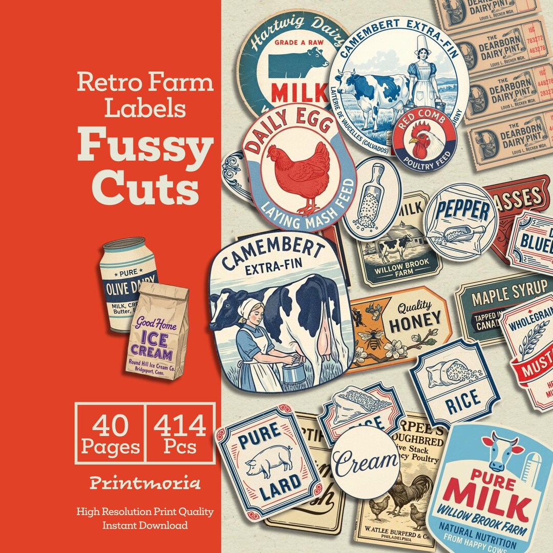 Retro Farm Labels Fussy Cut: Printable Retro Food Labels, Junk Journal ...