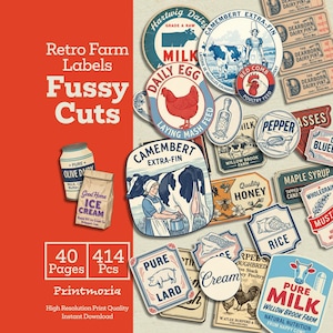 May include: A collection of retro farm labels with illustrations of dairy products, eggs, and honey. The labels feature vintage designs and text, including "Milk," "Egg," and "Honey." The image also includes the text "Retro Farm Labels Fussy Cuts."