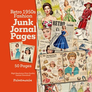 Retro Fashion 1950s Junk Journal-pagina's: 50 pagina's afdrukbare Fashion Kit - Vintage Scrapbook Paper Pack (digitale download, pdf-bestand)