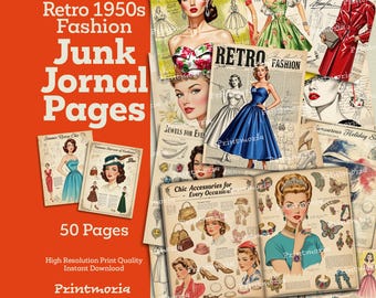 Retro Fashion 1950s Junk Journal Pages: 50 Page Printable Fashion Kit - Vintage Scrapbook Paper Pack (Digital Instant Download, PDF File)