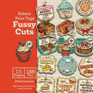 May include: A selection of vintage-style bakery price tags. The tags showcase illustrations of cakes, cupcakes, and cookies, with prices and names such as "Strawberry Cake" and "Coconut Cupcakes." The design has a retro feel.