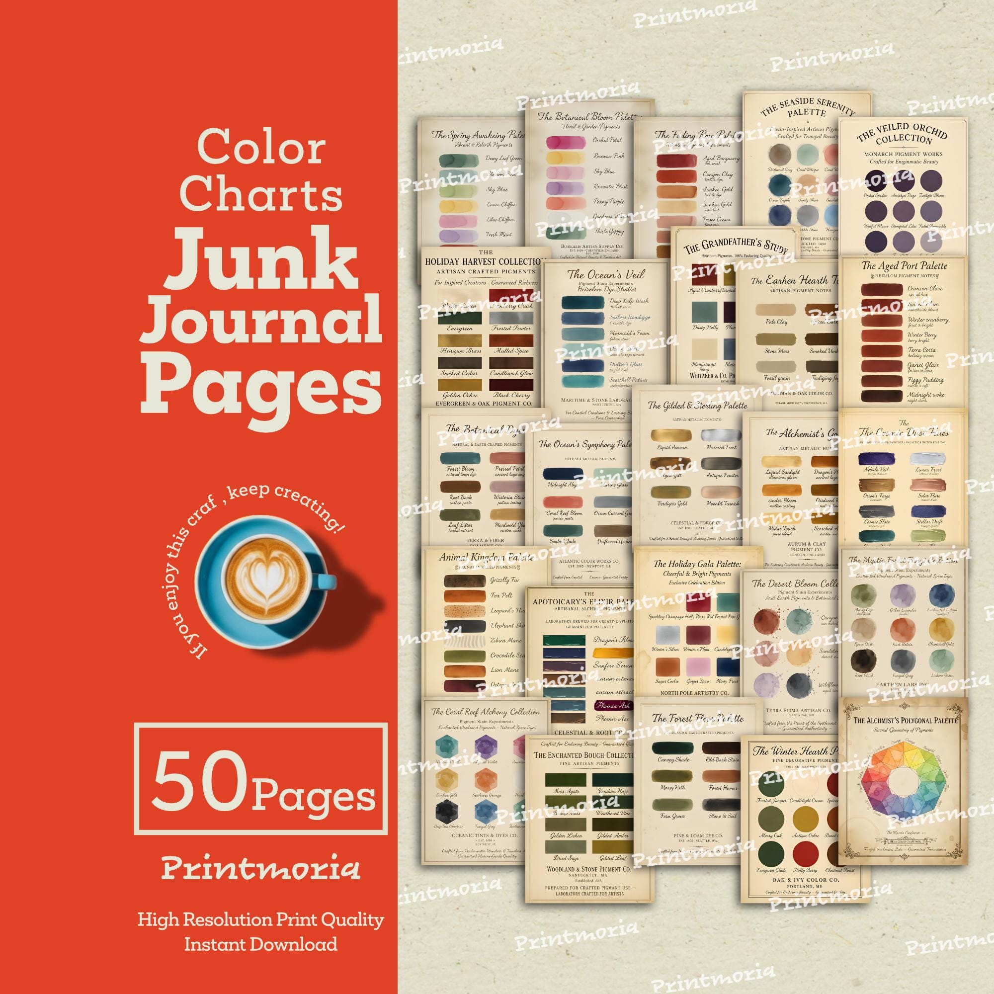 Color Background Journal Color Charts Junk Journal Pages: 50 Vintage & Abstract Ephemera Pages ...