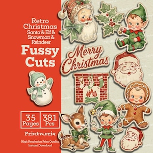 May include: A collection of vintage-style Christmas paper cutouts featuring Santa Claus, elves, a snowman, a reindeer, a gingerbread person, holly, and a fireplace. The text reads Retro Christmas Santa & Elf & Snowman & Reindeer Fussy Cuts 35 Pages 381 Pcs.