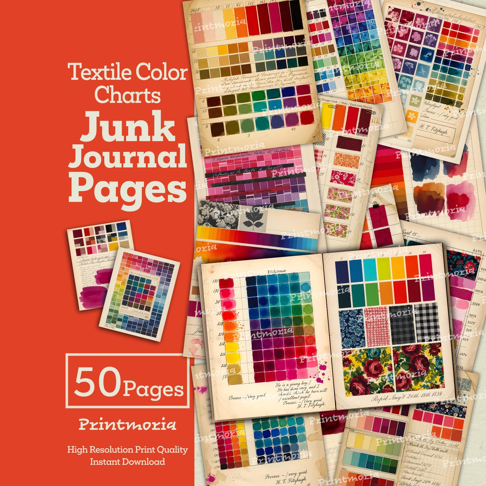 Textile Color Chart Pages: Digital Junk Journal Ephemera Kit, Printable ...