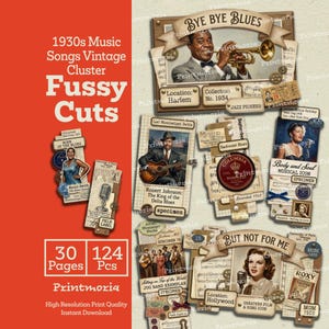 Puede incluir: Un collage vintage con temática musical de los años 30, con imágenes de músicos de jazz, partituras y los textos "Bye Bye Blues" y "But Not For Me". La colección contiene 30 páginas y 124 piezas.