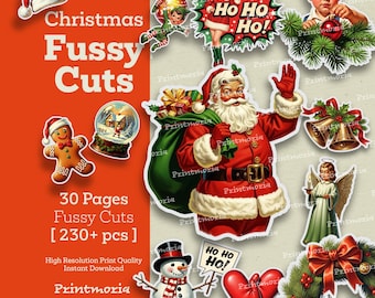 Kit digitale Retro Christmas Fussy Cuts: Babbo Natale vintage, elfi e pin-up effimeri per il Junk Journaling (download digitale)