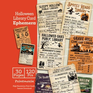 May include: A collection of vintage-style Halloween library cards and ephemera featuring various spooky themes, including Sleepy Hollow, Hallowed Oaks, and Grave Hill Cemetery, with printed text, dates, and illustrations of ghosts, witches, and pumpkins.
