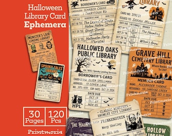 Puede incluir: Una colección de tarjetas de biblioteca y efímeros con temática de Halloween, incluyendo Sleepy Hollow, Hallowed Oaks y Grave Hill Cemetery, con texto impreso, fechas e ilustraciones de fantasmas, brujas y calabazas.
