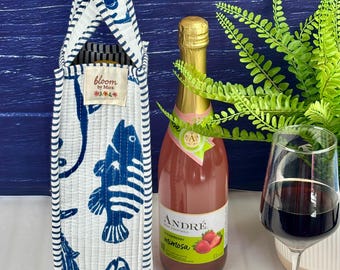 Quilted, Hand Block-Printed Cotton Wine Bag: USA Designed, Artisan Crafted, Reusable.