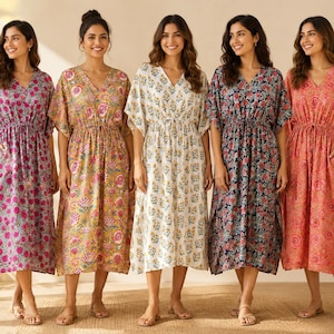 May include: Five midi-length kaftan dresses with V-necklines, short kimono sleeves, and drawstring waists. The dresses feature various floral block-print patterns in shades of purple, yellow, white, navy blue, and coral, each with side pockets.