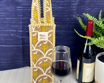Quilted Hand Block-Printed Cotton Wine Bag: USA Designed, Artisan Crafted, Reusable